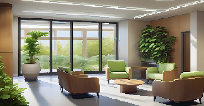 A peaceful waiting room with diverse patients, bright windows, and greenery, promoting a sense of calm and privacy.