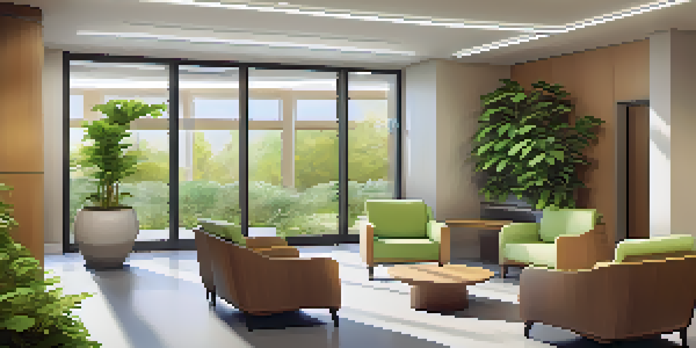 A peaceful waiting room with diverse patients, bright windows, and greenery, promoting a sense of calm and privacy.