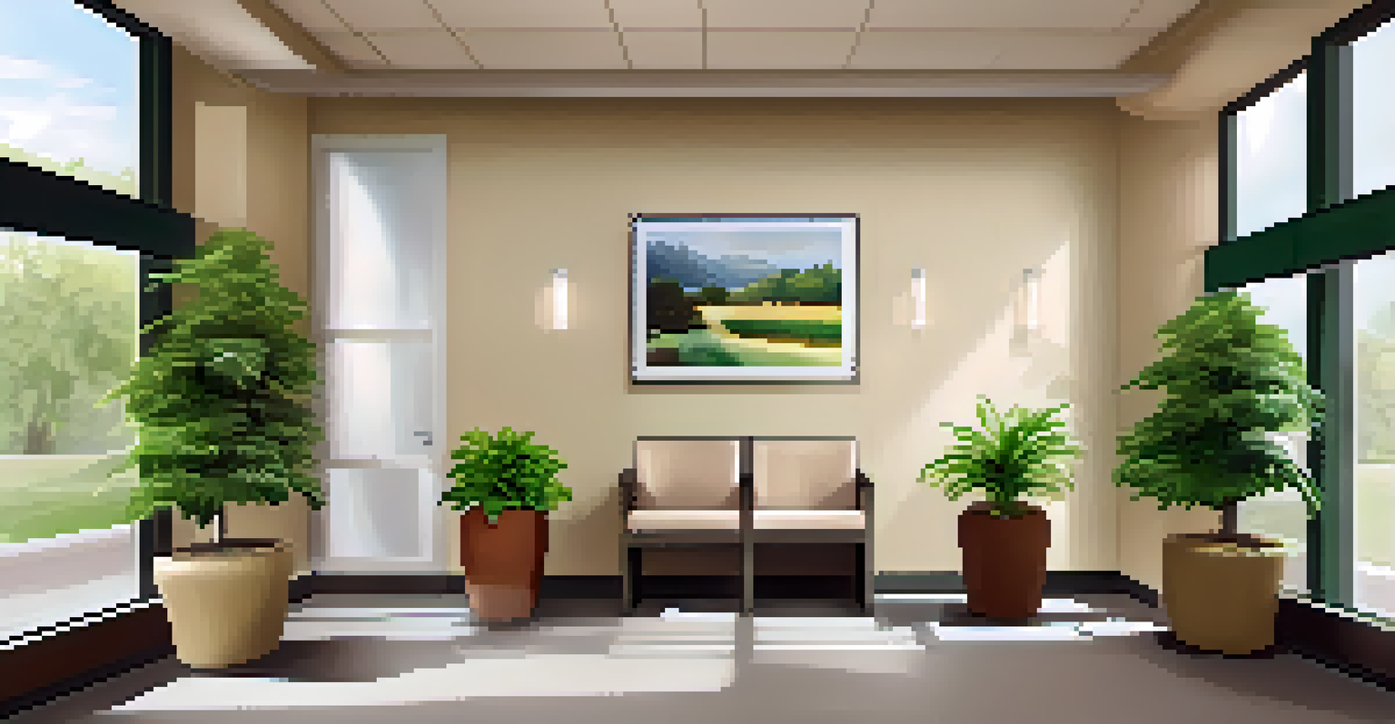 A welcoming waiting room with comfortable seating, plants, and brochures about clinical trials, illuminated by soft lighting.