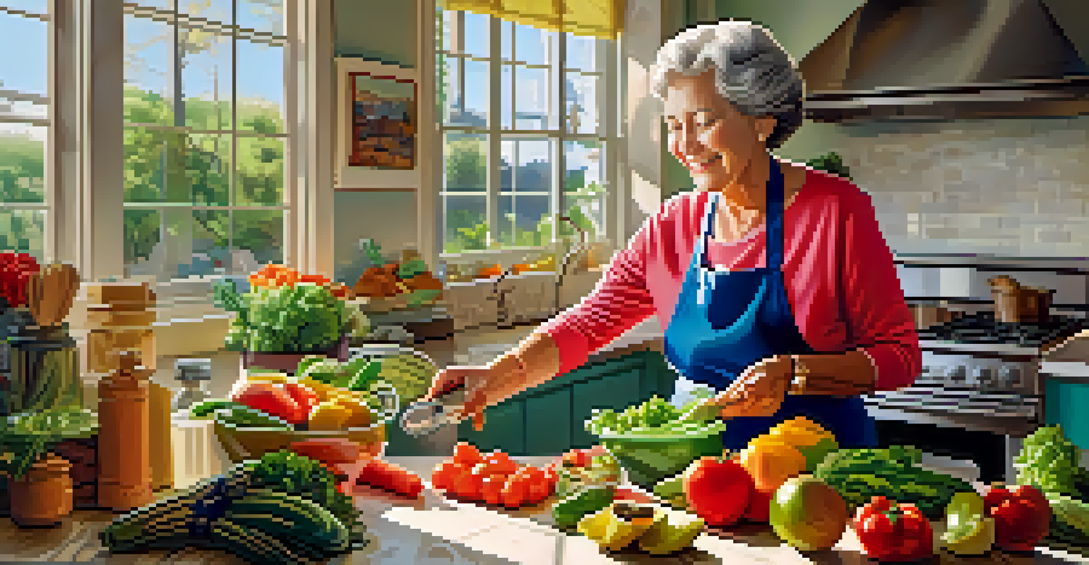 A senior woman cooking in a bright kitchen, surrounded by fresh vegetables and fruits, with a joyful expression.
