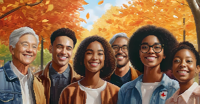 A diverse group of smiling individuals of various ages holding vaccination badges in a sunny park surrounded by colorful autumn leaves.
