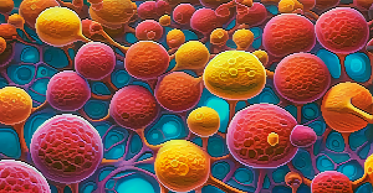 Close-up view of stem cells under a microscope with vivid colors, emphasizing their structure.