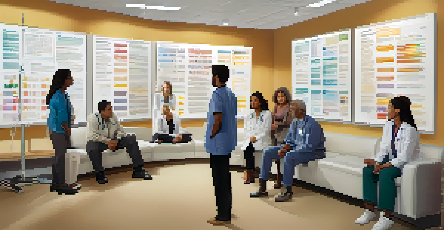A diverse group of patients talking with a healthcare provider about genetic testing in a consultation room, with informative posters on the wall.