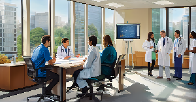 A group of diverse medical professionals in a modern conference room discussing cost-effectiveness analysis, with a whiteboard filled with colorful graphs and charts.