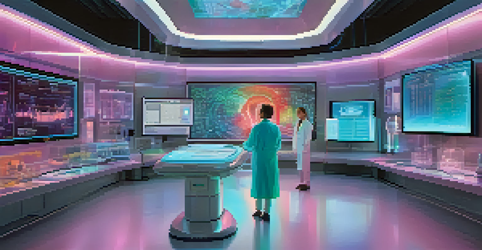 A futuristic laboratory where a researcher interacts with a holographic display of patient data and trial results, surrounded by advanced technology.