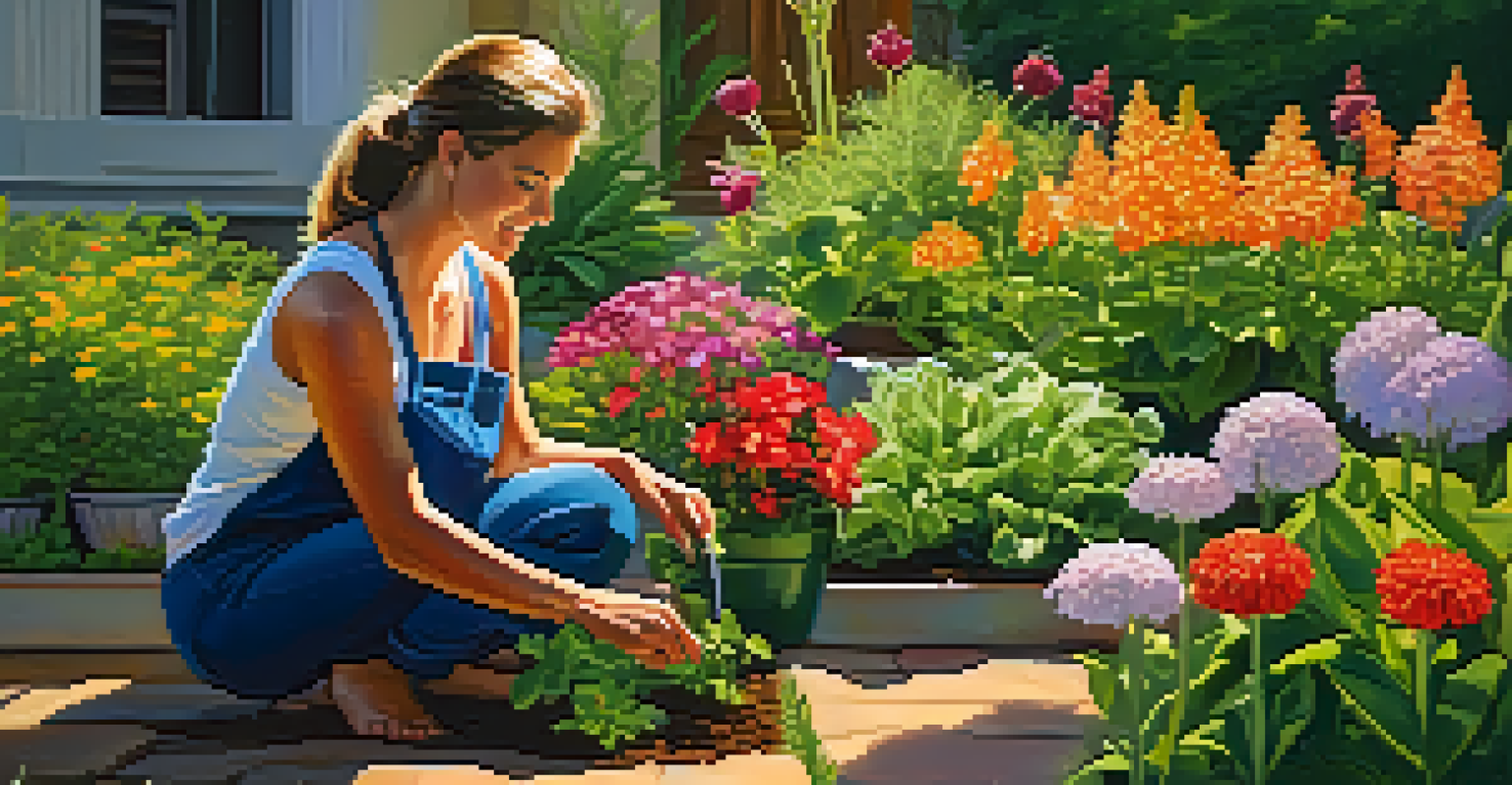 A woman joyfully gardening among colorful flowers, symbolizing growth and healing in a sunlit garden.
