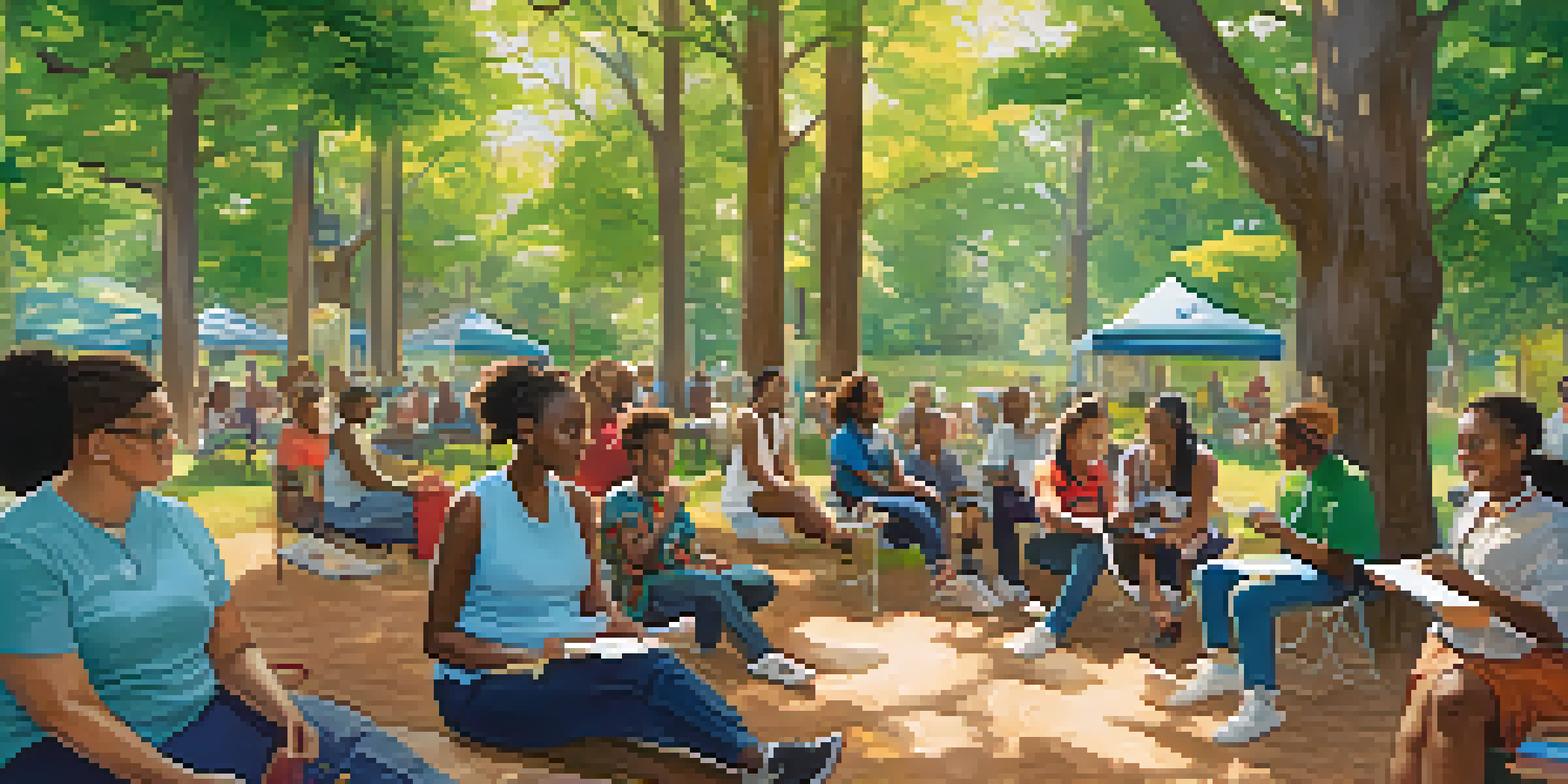 A community health workshop with diverse participants engaged in discussions under bright banners, surrounded by greenery and sunlight.