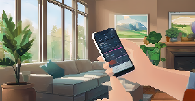 A person sitting in a cozy living room, using a mobile health app on a smartphone, engaged with colorful fitness tracking metrics.