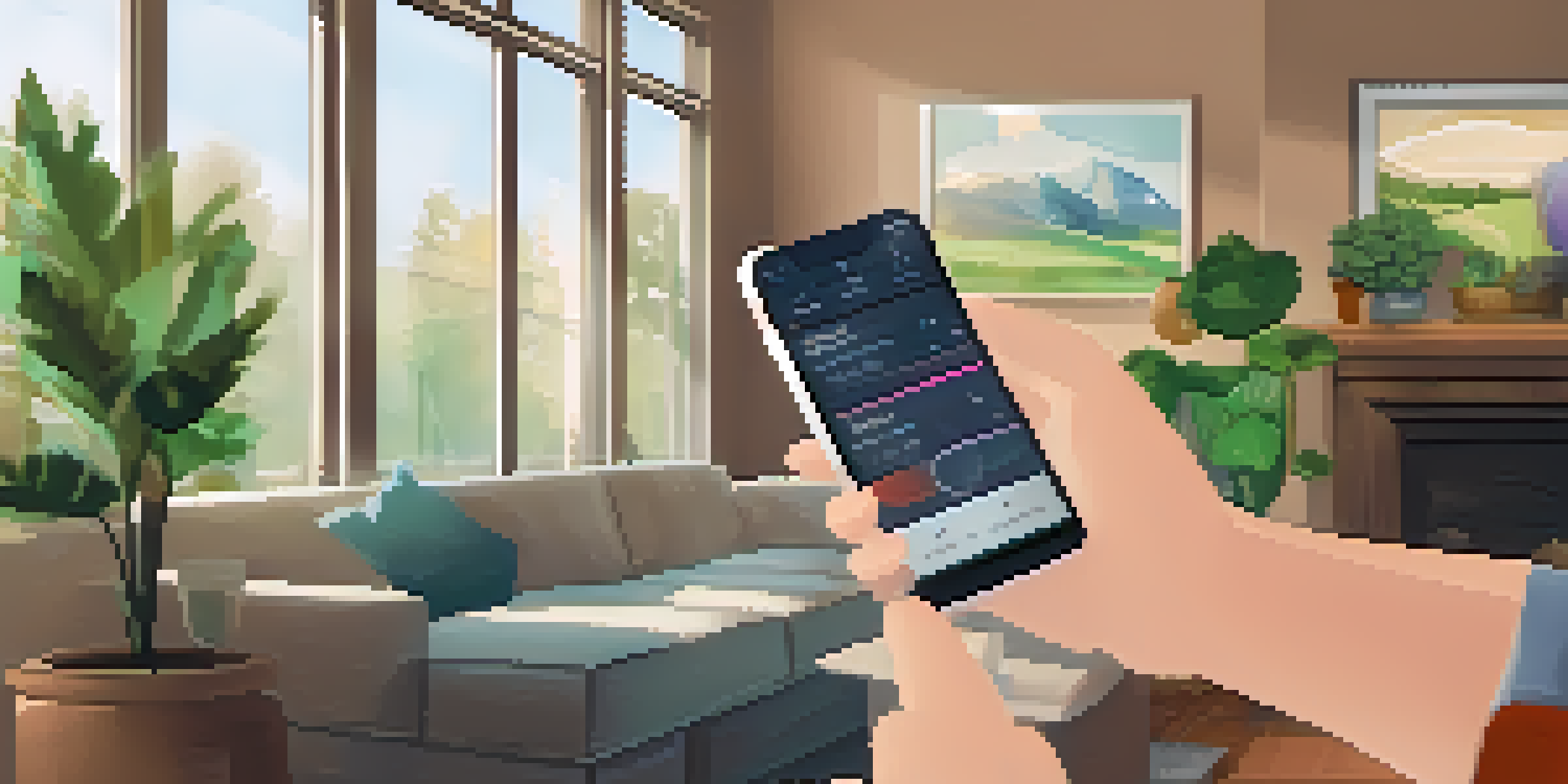 A person sitting in a cozy living room, using a mobile health app on a smartphone, engaged with colorful fitness tracking metrics.