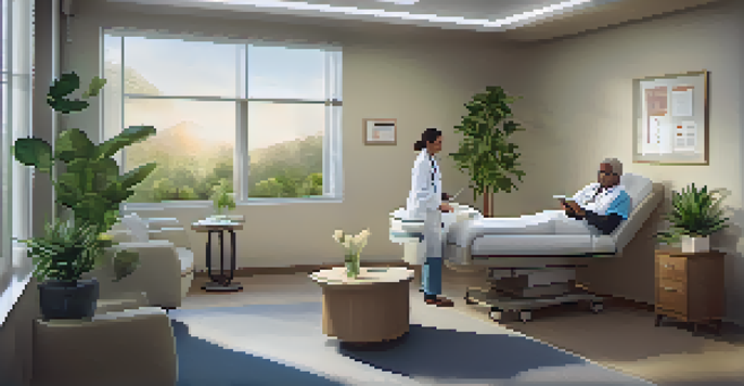 A healthcare provider discusses health information with a patient in a modern clinic, showcasing a patient-centered care environment.