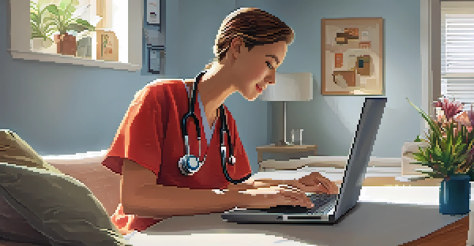 A telemedicine consultation in a bright living room with a healthcare provider on a laptop screen and a patient at home.