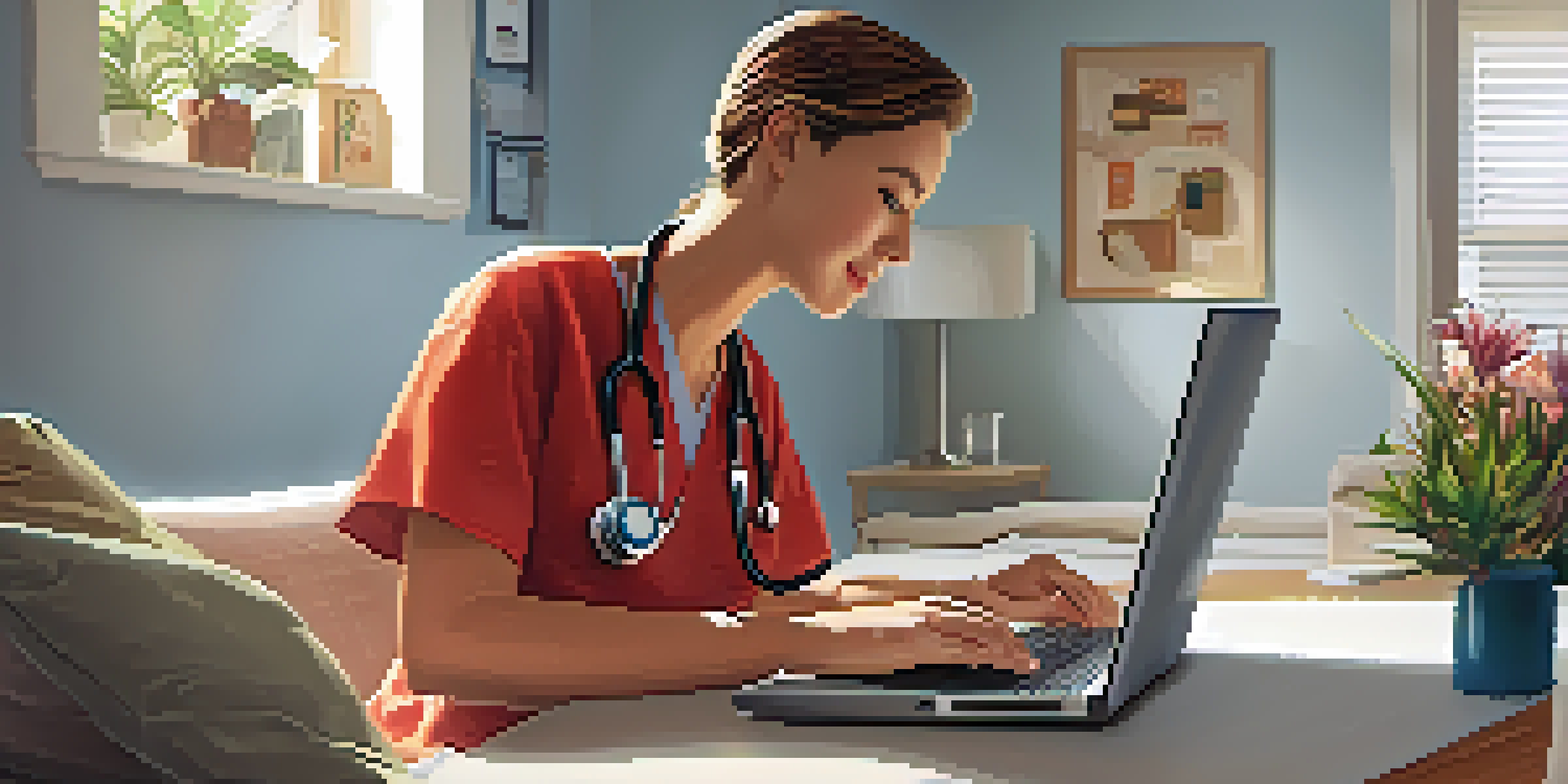 A telemedicine consultation in a bright living room with a healthcare provider on a laptop screen and a patient at home.