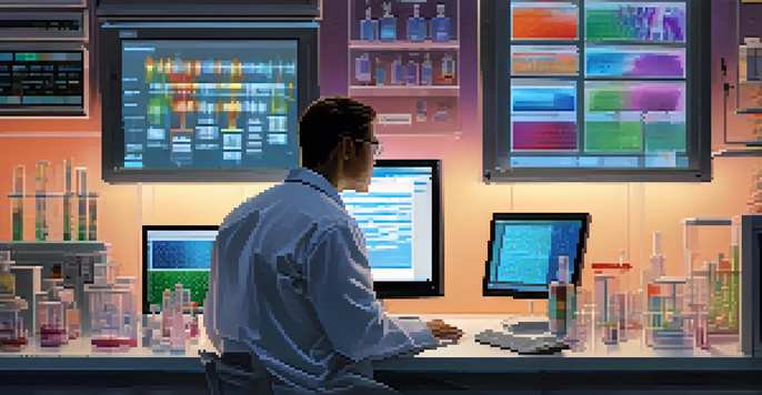 A researcher in a lab analyzing DNA sequences on a computer, surrounded by scientific equipment and colorful reagents.