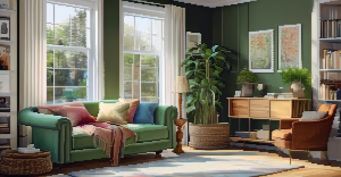 A cozy living room with warm sunlight, an armchair, a cup of tea, family photos, and a bookshelf.