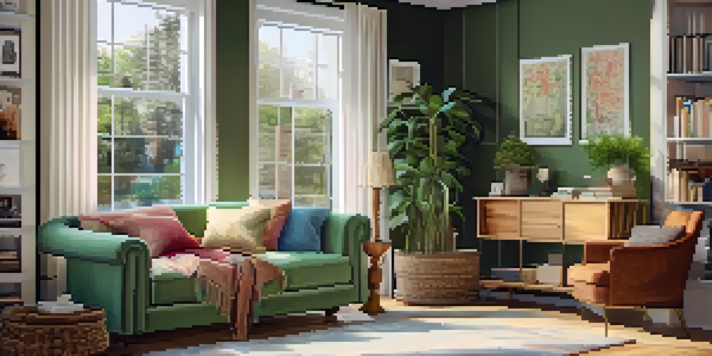 A cozy living room with warm sunlight, an armchair, a cup of tea, family photos, and a bookshelf.