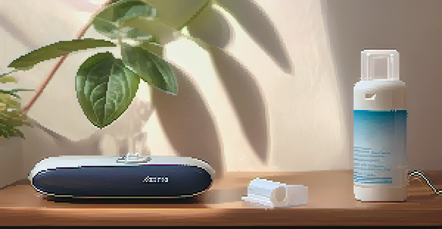 A hand holding an asthma inhaler in a peaceful bedroom setting with a bedside table in the background.