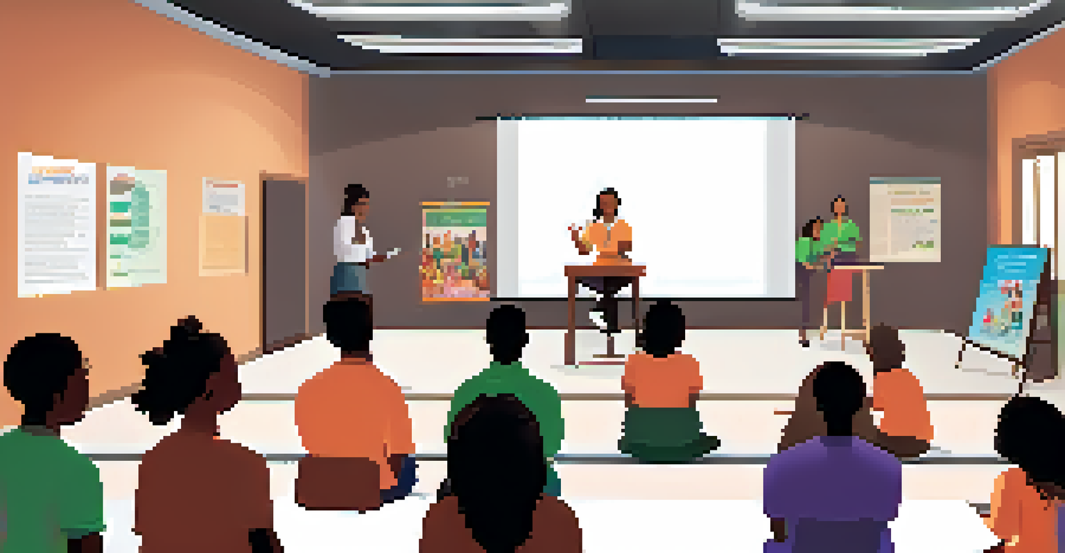 A health educator presenting to a diverse audience in a community center, with educational posters and a projector display in a well-lit room.