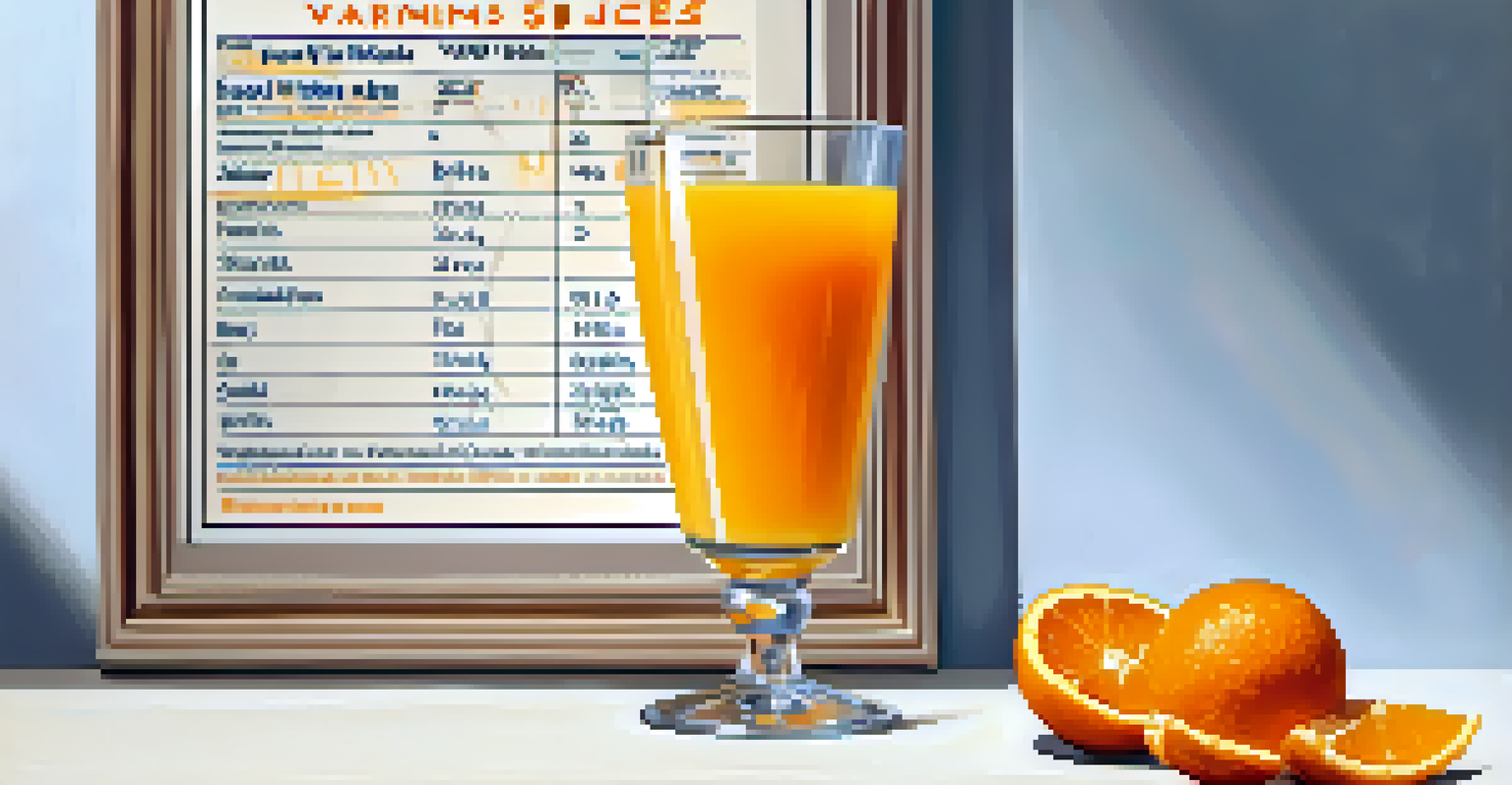 A hand holding a glass of fortified orange juice with fresh oranges and a nutrition chart in the background.