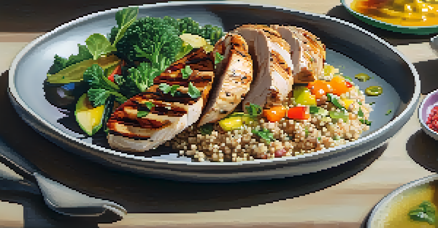 A close-up of a colorful balanced meal with vegetables, quinoa, and grilled chicken on a plate.