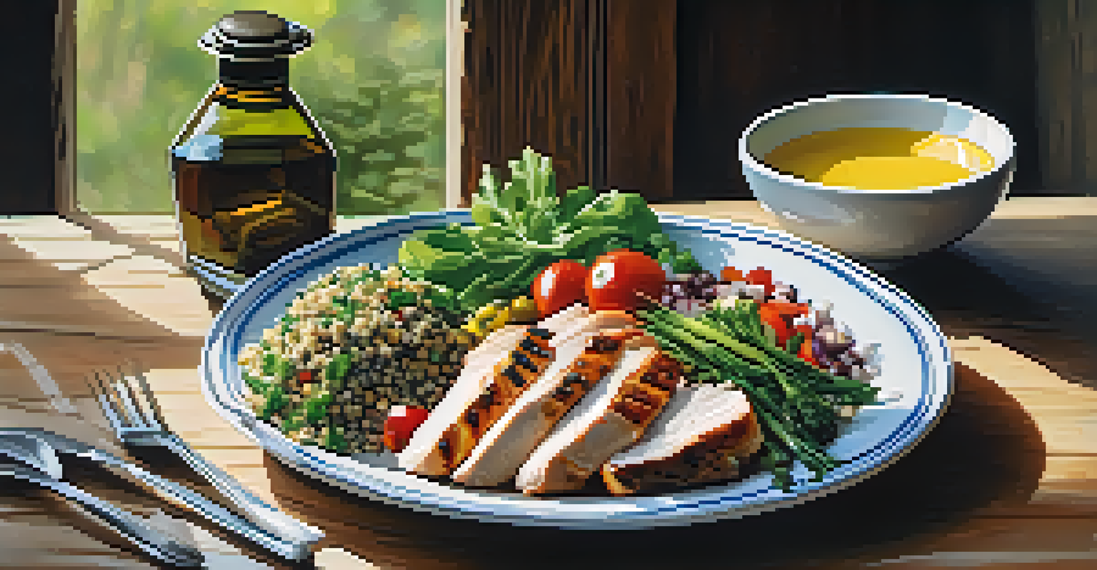 A close-up view of a healthy meal including grilled chicken, quinoa, and fresh vegetables on a wooden table.