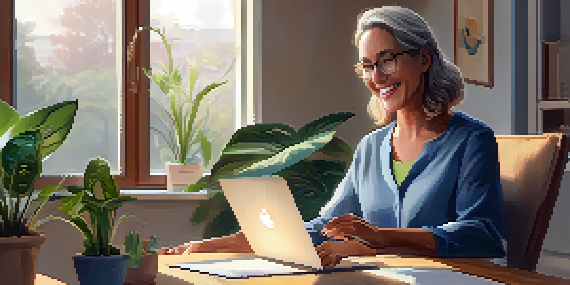 A middle-aged woman at home, smiling during a telehealth video call with a healthcare provider, surrounded by houseplants in a warmly lit room.