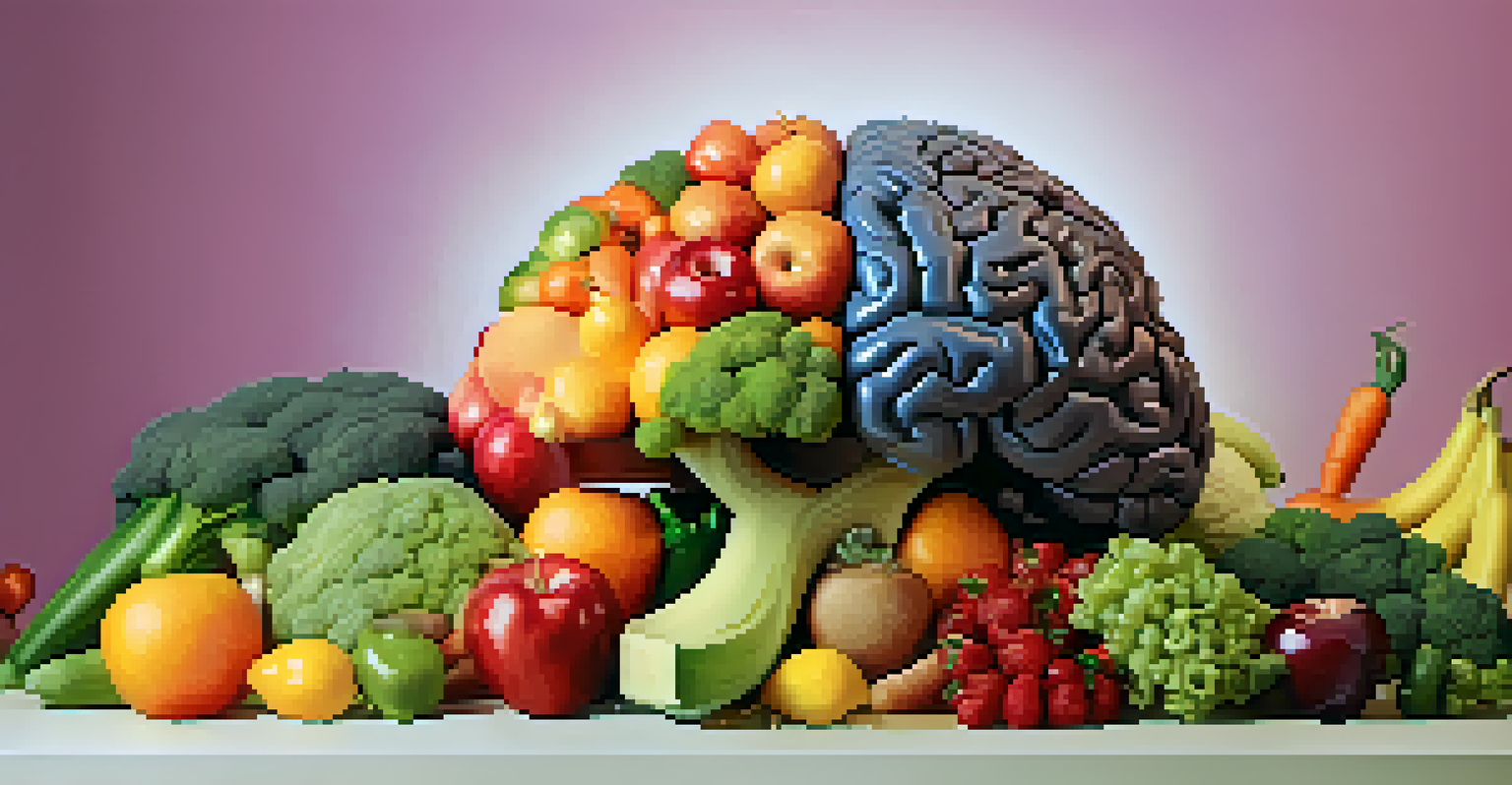 A detailed brain model surrounded by vibrant fruits and vegetables, symbolizing the connection between diet and cognitive health.