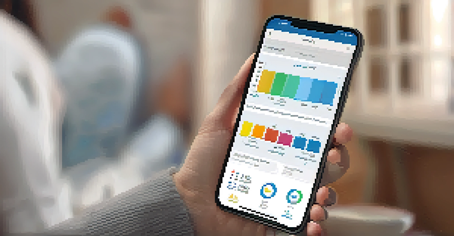 A patient using a smartphone app to track health metrics, with colorful graphs visible on the screen.