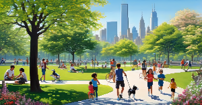 A vibrant urban park filled with people engaging in various outdoor activities, surrounded by greenery and a clear sky.