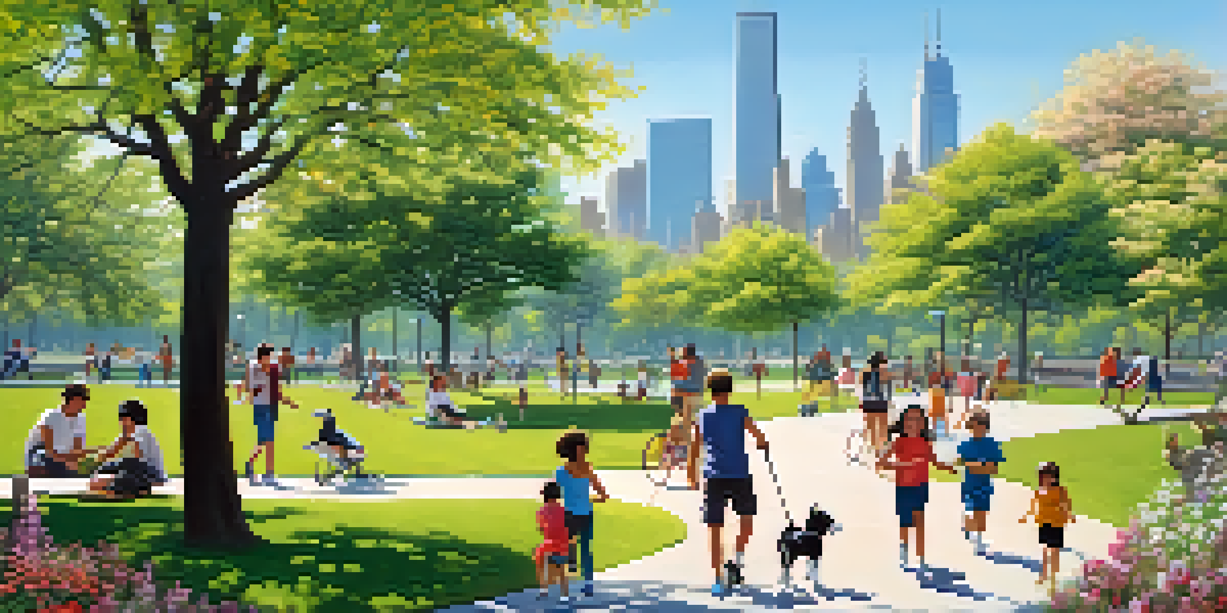 A vibrant urban park filled with people engaging in various outdoor activities, surrounded by greenery and a clear sky.