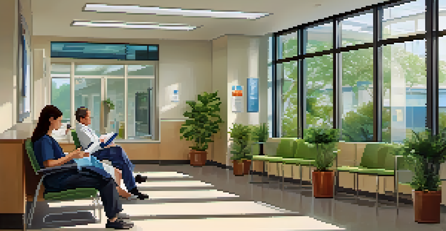 A hospital waiting room filled with natural light, patients relaxing, and a receptionist assisting at the front desk.