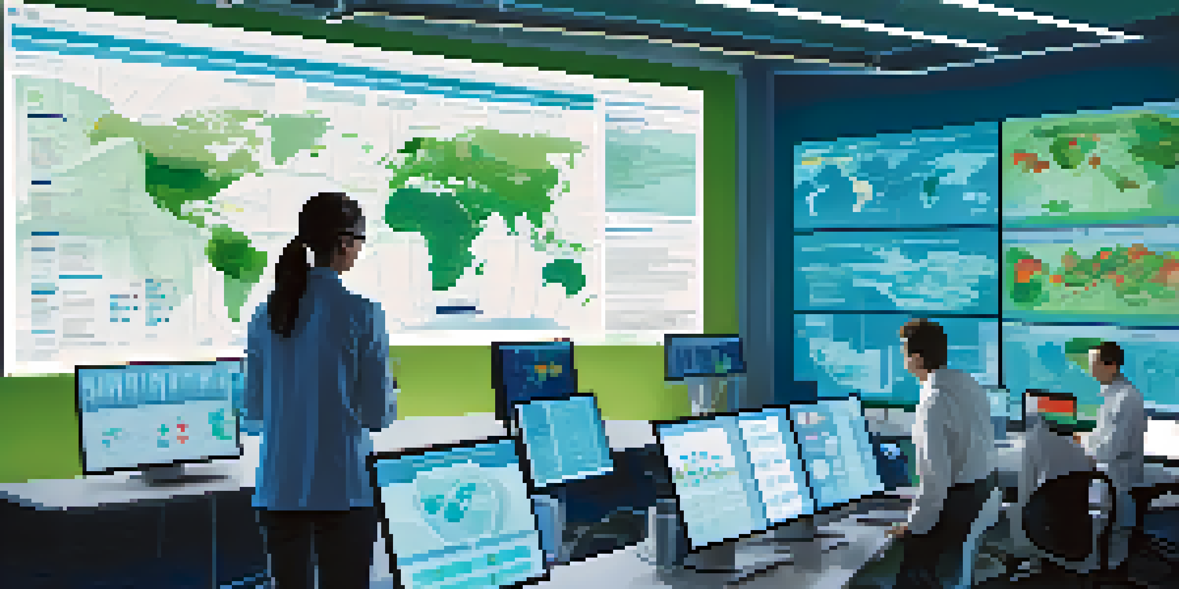 A public health professional in a modern office analyzing infectious disease data on a large screen, surrounded by charts and a diverse team of experts discussing.