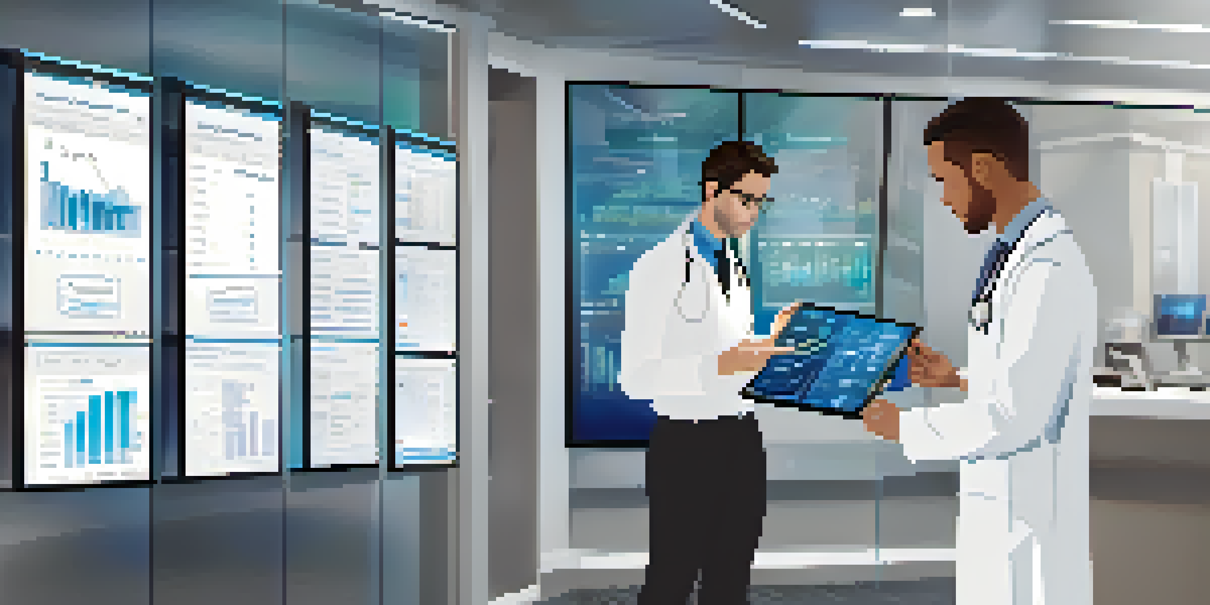 A healthcare professional looking at patient data on a tablet with electronic health records displayed in the background.