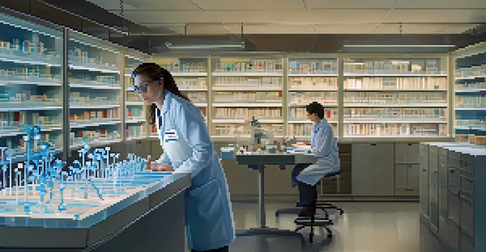 A female researcher in a lab coat examining DNA samples under a microscope in a well-lit laboratory filled with scientific tools and DNA models.
