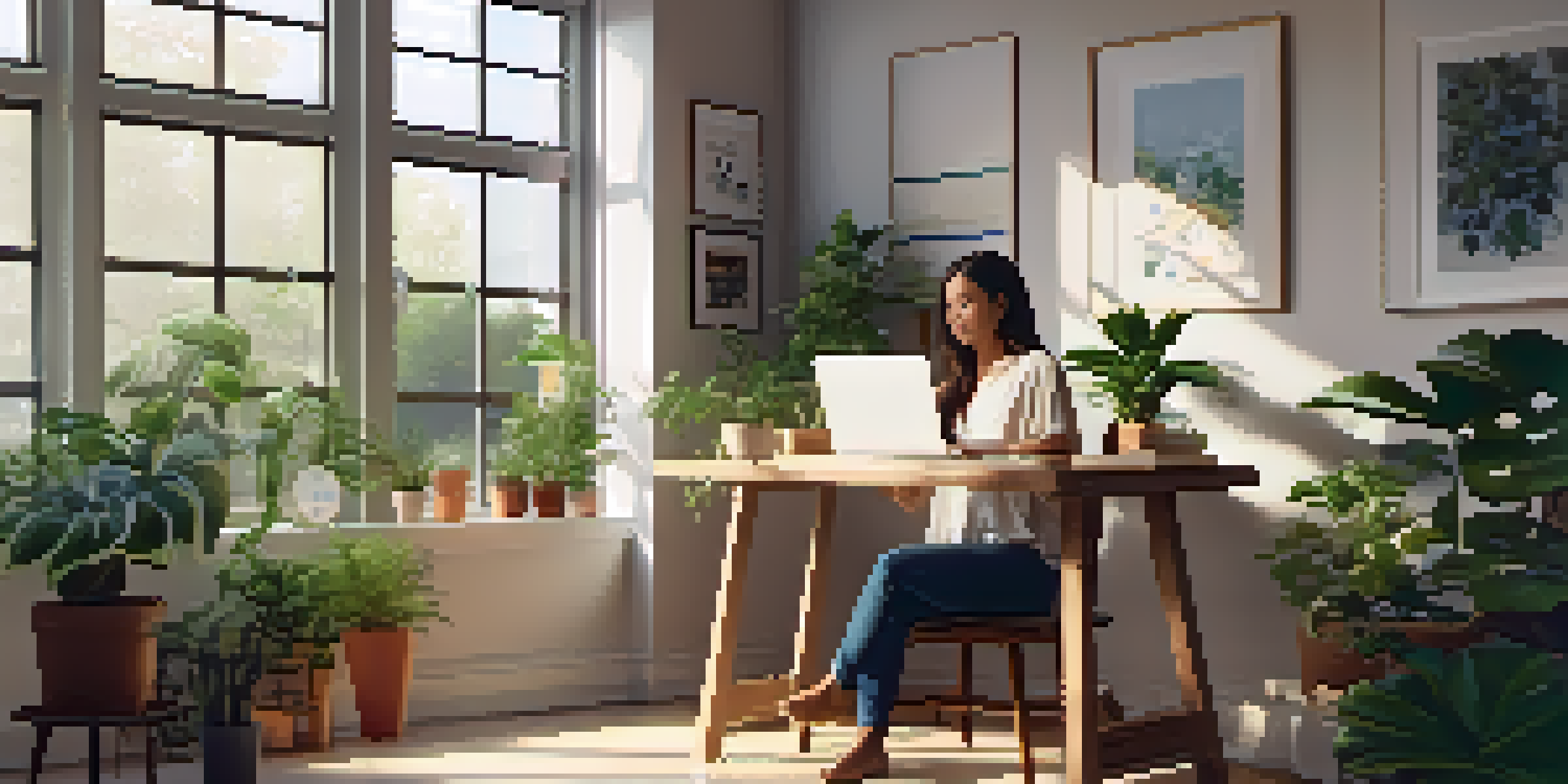 A cozy workspace with a person working on a laptop surrounded by plants and motivational quotes, illuminated by natural light.
