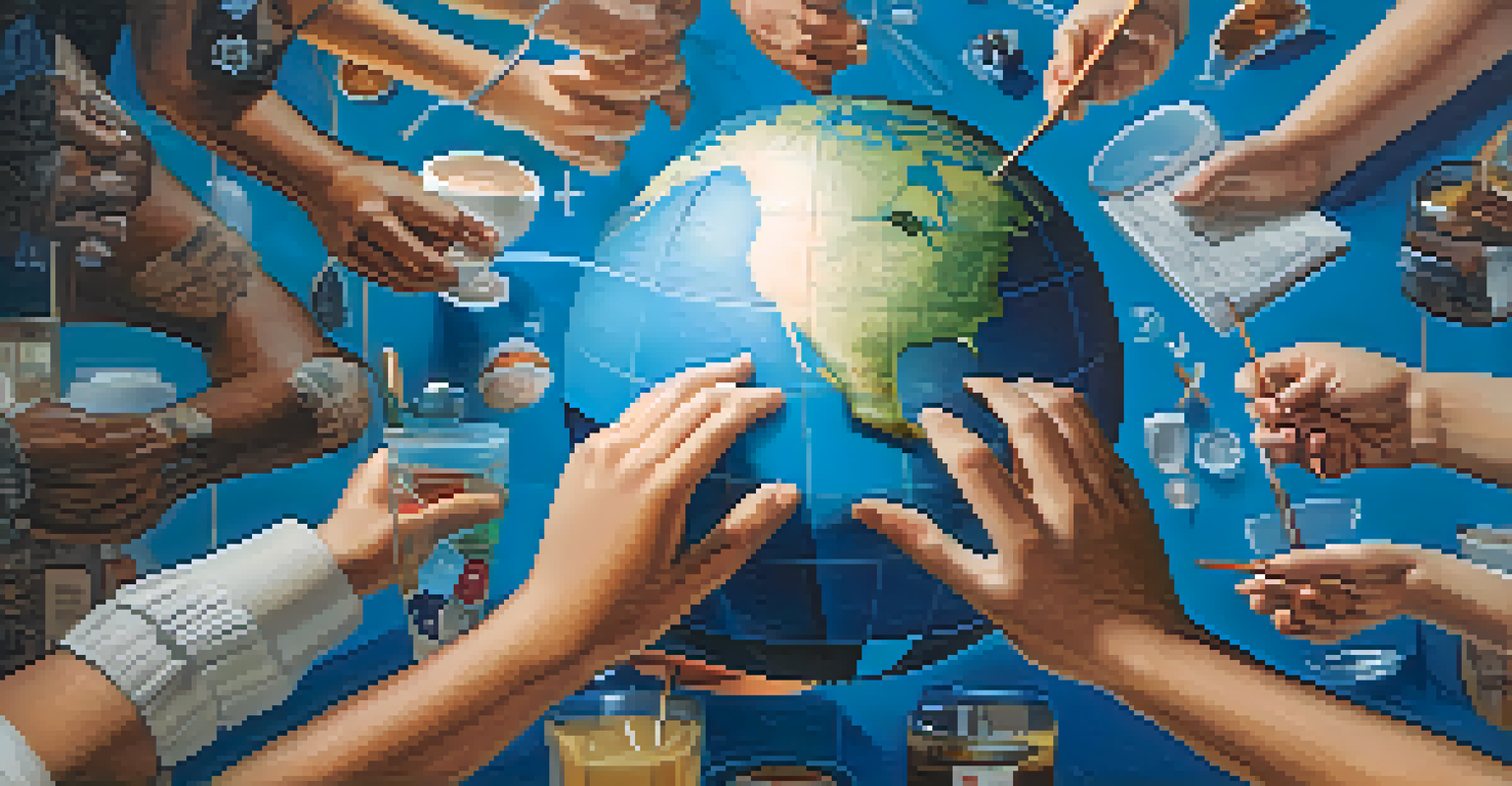 Close-up of hands holding a globe surrounded by health icons, symbolizing international collaboration in health research.