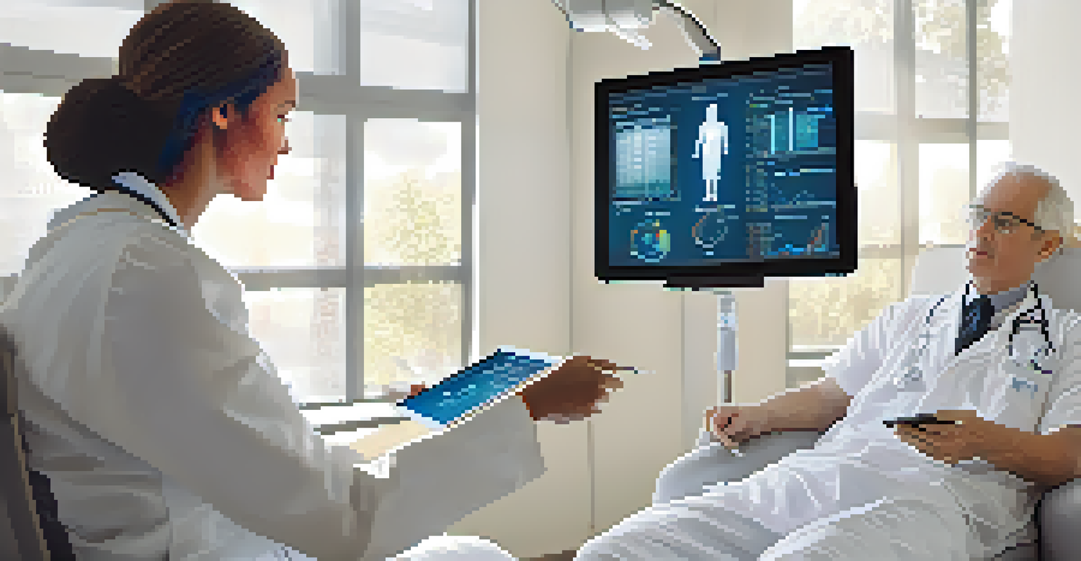 A patient and a doctor discussing a treatment plan in a bright office, with a digital tablet displaying charts, creating a warm and hopeful atmosphere.