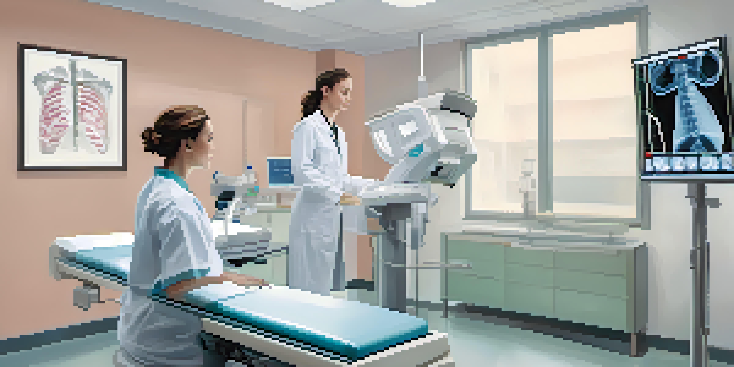 A radiology technician using a digital X-ray machine in an examination room, with bright lighting and calming decor.