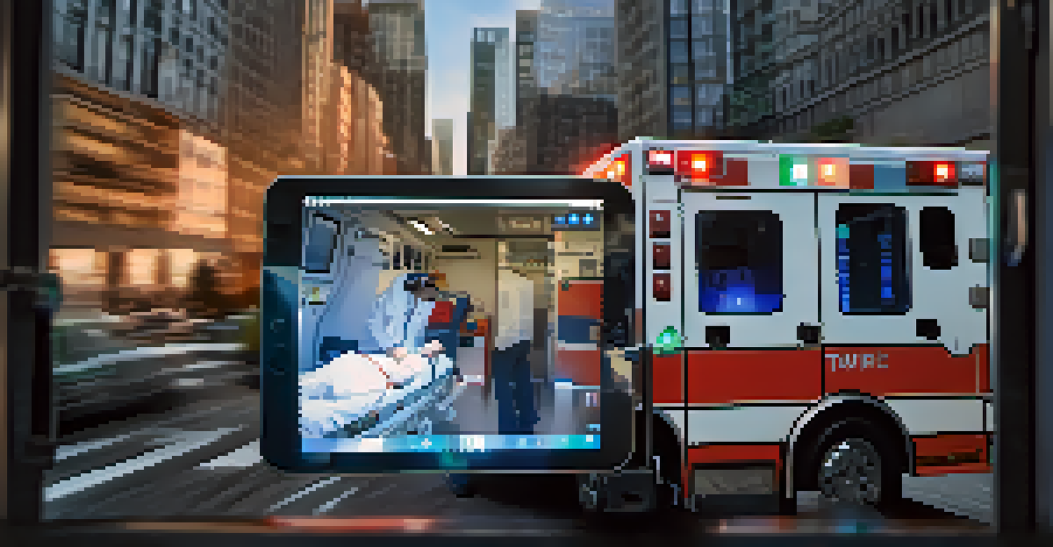 A paramedic in an ambulance using a tablet to monitor a patient's vital signs, with emergency lights and a city view outside.