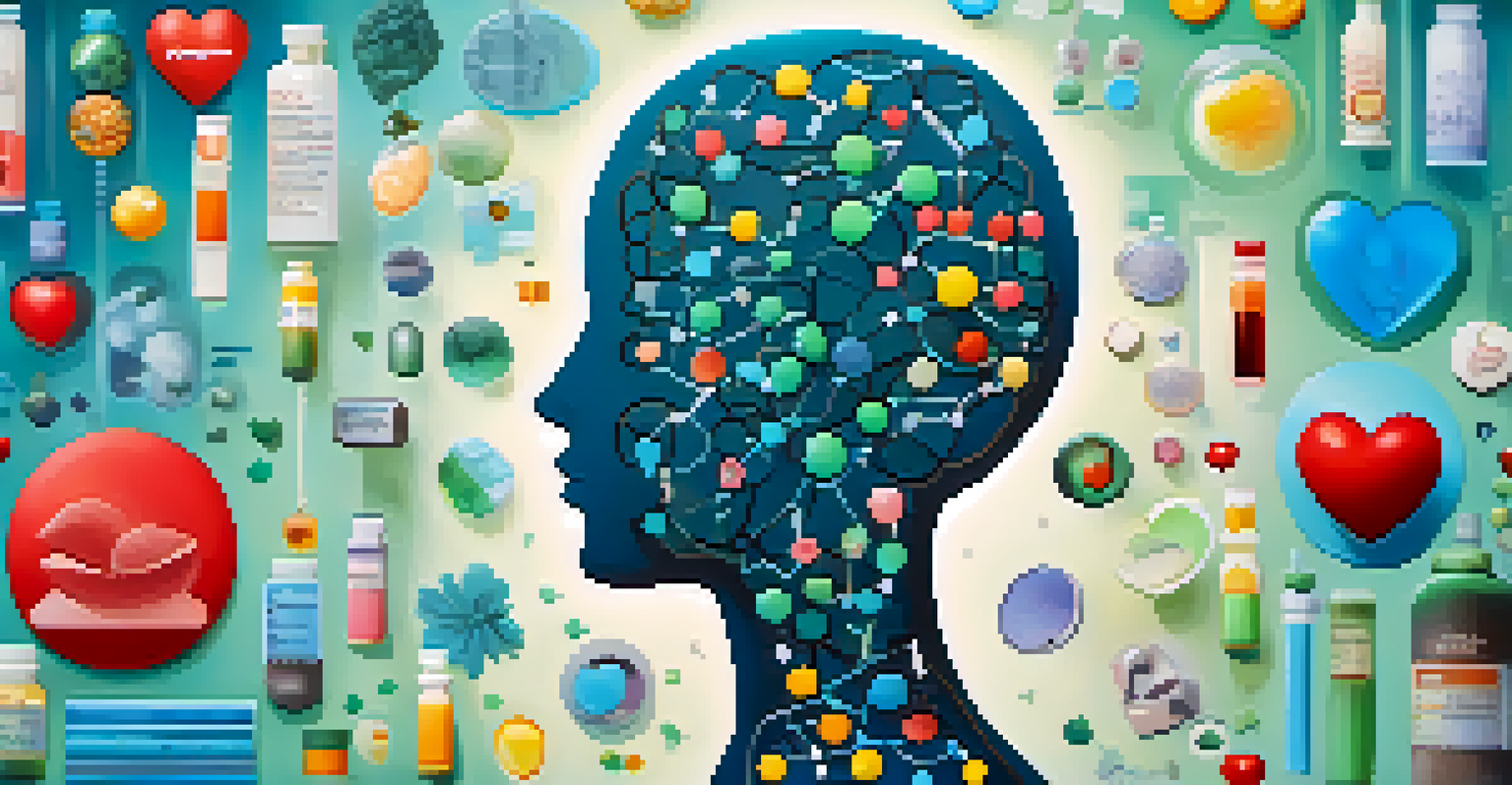 A human silhouette filled with genetic markers and icons symbolizing personalized medicine.