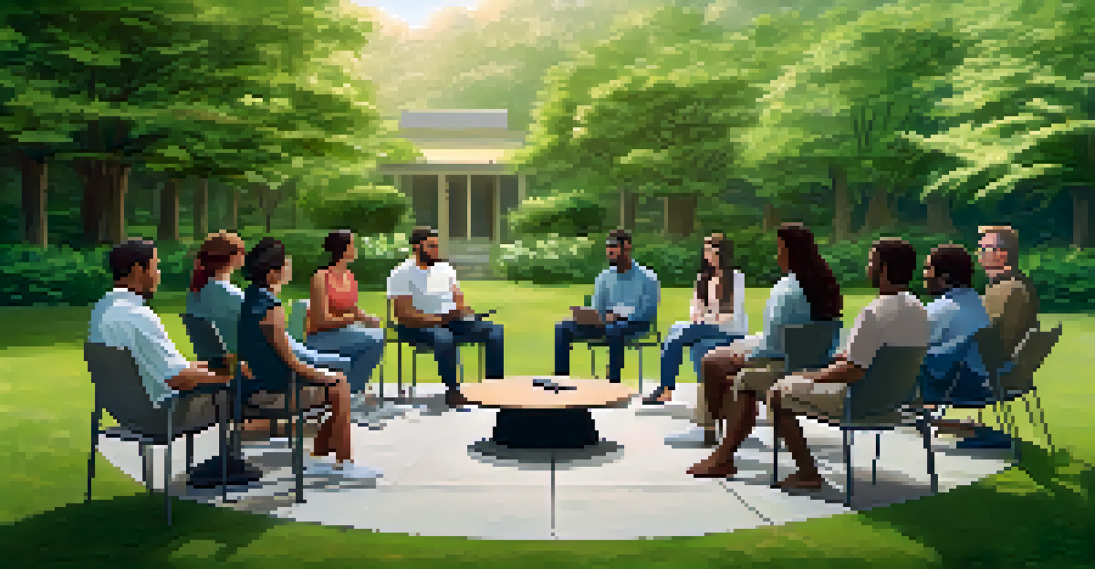 A group therapy session outdoors via video conference, with participants engaged in discussion surrounded by nature.