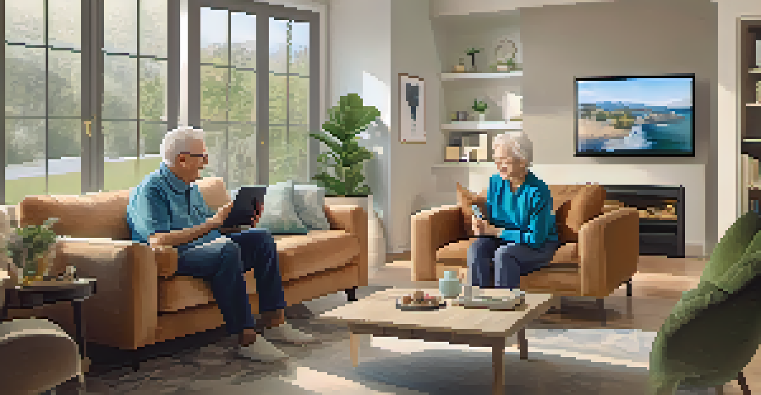 An elderly couple using a tablet for a video call with a healthcare provider in their comfortable living room, showcasing modern technology in senior care.