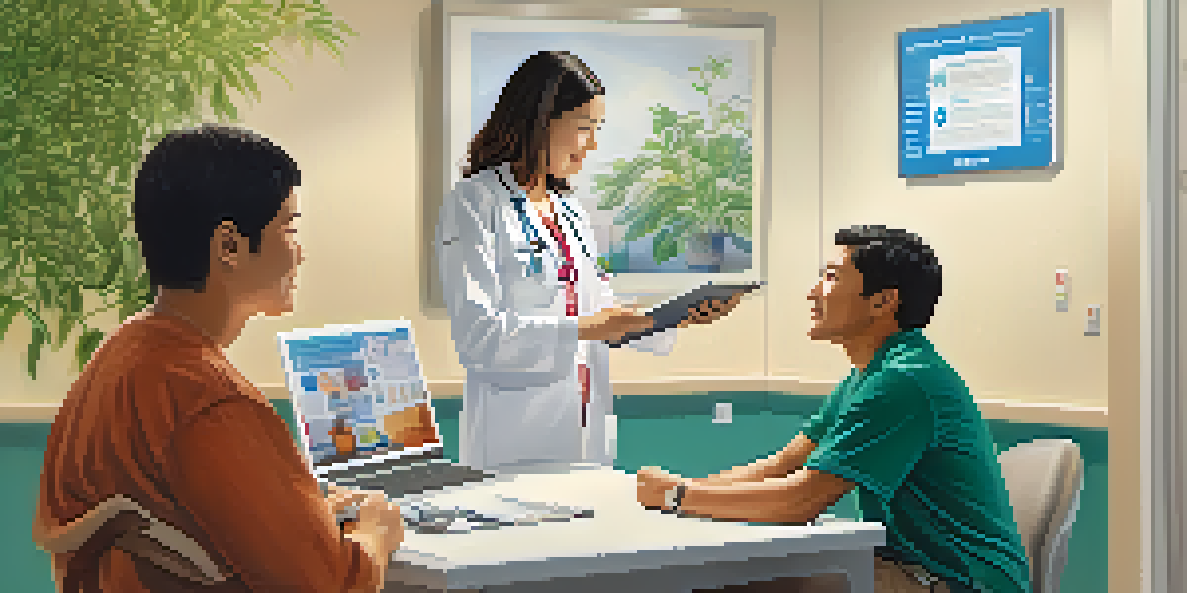 A healthcare provider using a translation app on a tablet to communicate with a patient in a bright consultation room.