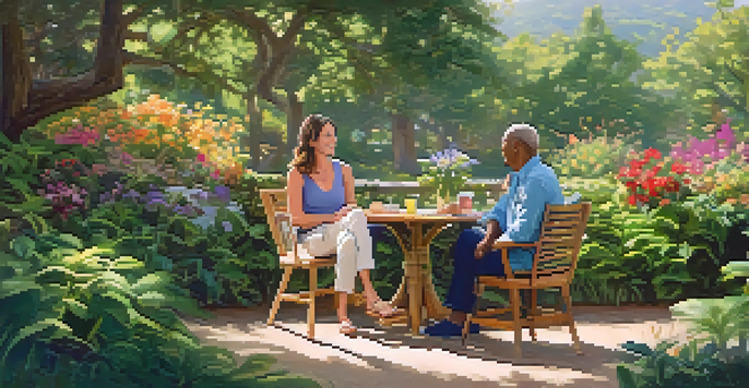 A health coach and client in a peaceful outdoor environment, engaging in conversation surrounded by greenery and flowers.