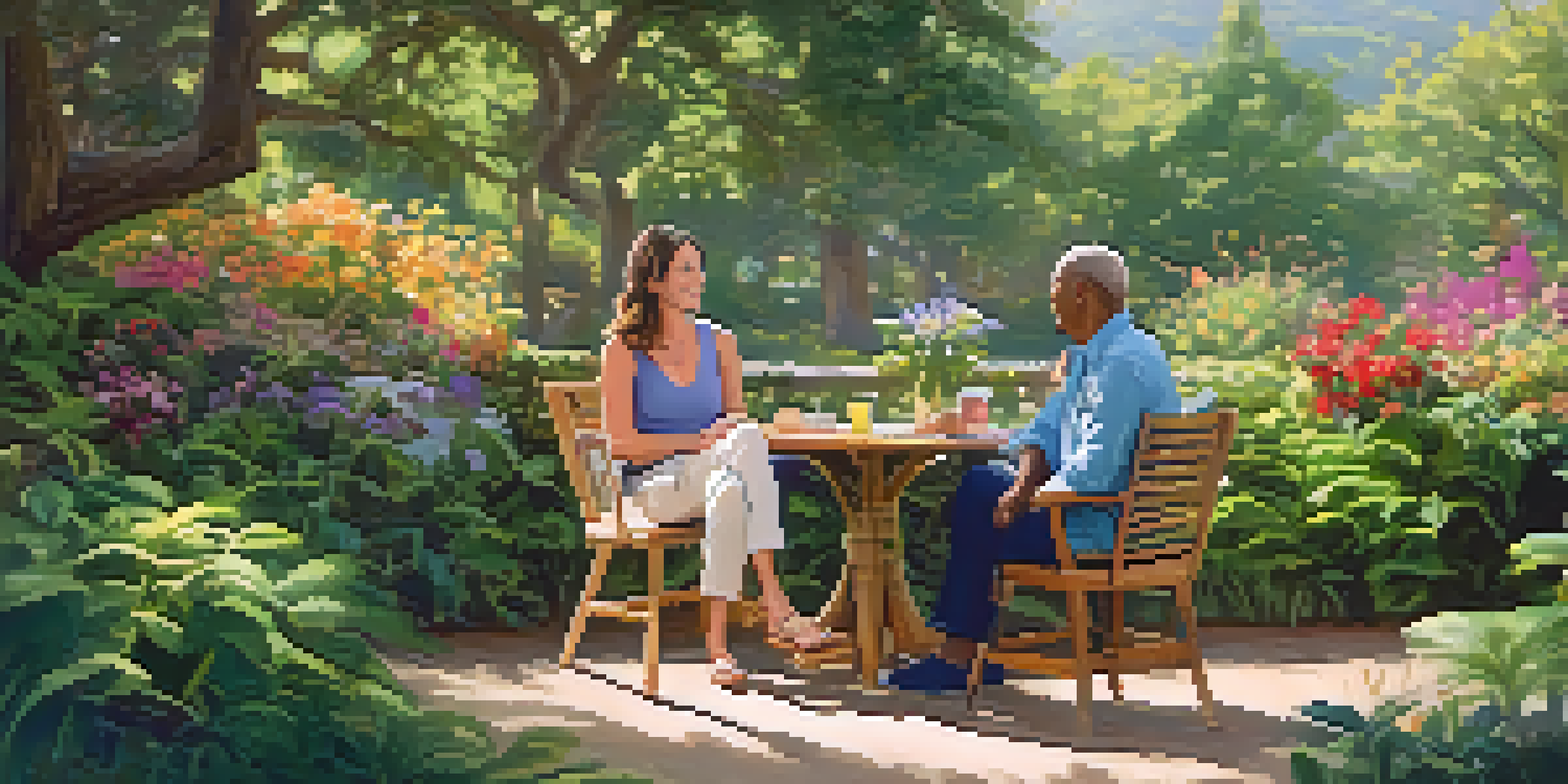 A health coach and client in a peaceful outdoor environment, engaging in conversation surrounded by greenery and flowers.