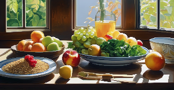 A beautifully arranged plate of colorful fruits, leafy greens, and whole grains on a wooden table, illuminated by natural sunlight.