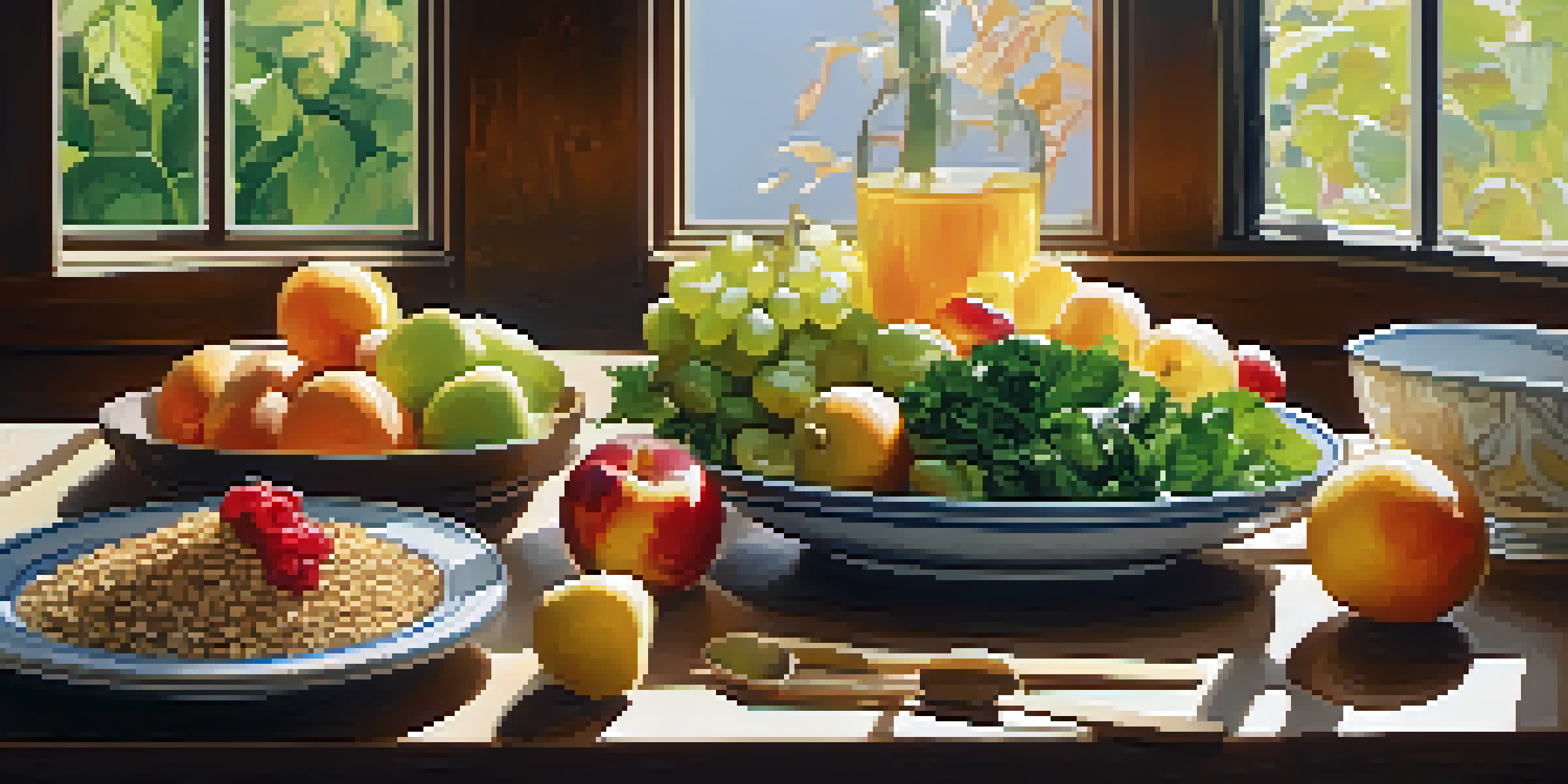A beautifully arranged plate of colorful fruits, leafy greens, and whole grains on a wooden table, illuminated by natural sunlight.
