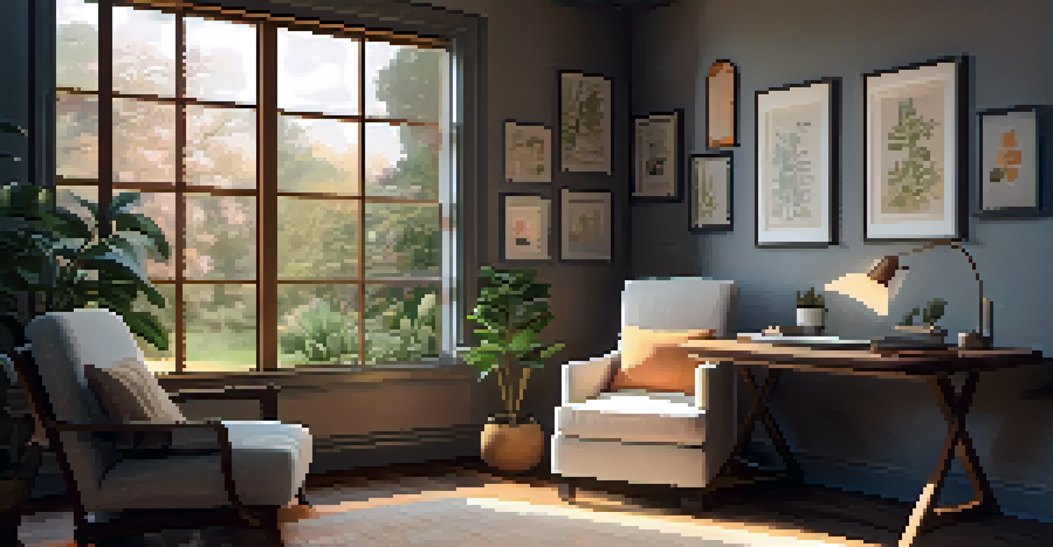 A cozy home office with an armchair and a laptop, featuring warm lighting and a view of a peaceful garden outside.
