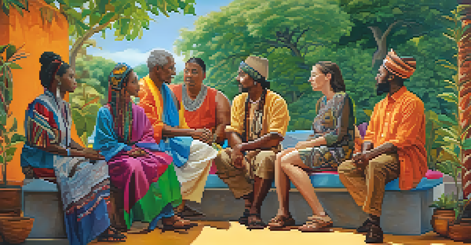 Diverse individuals engaging in a discussion about genetic risks, surrounded by nature, showcasing cultural diversity.