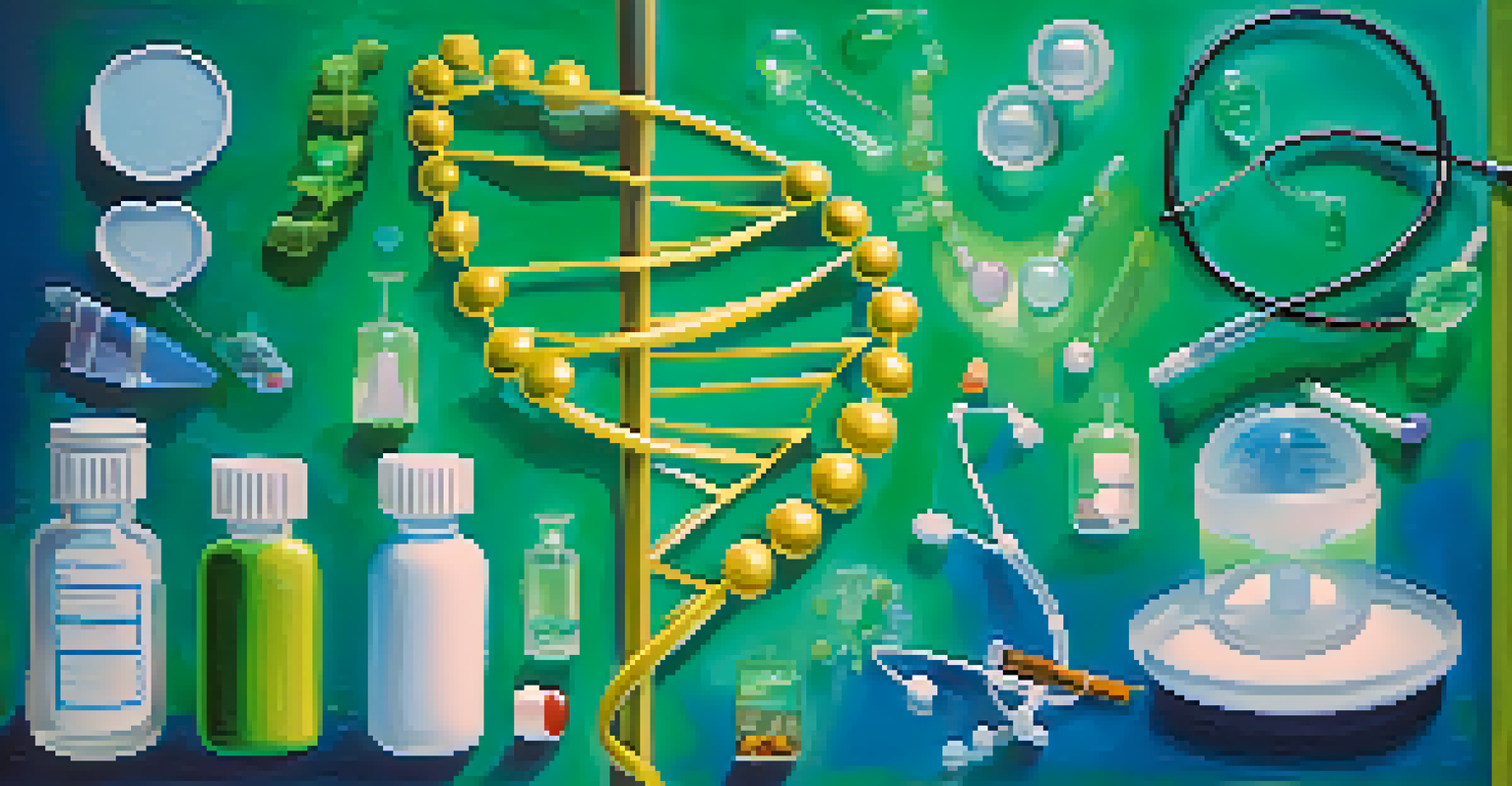 An artistic depiction of personalized medicine with a DNA helix and medical symbols on a gradient background.