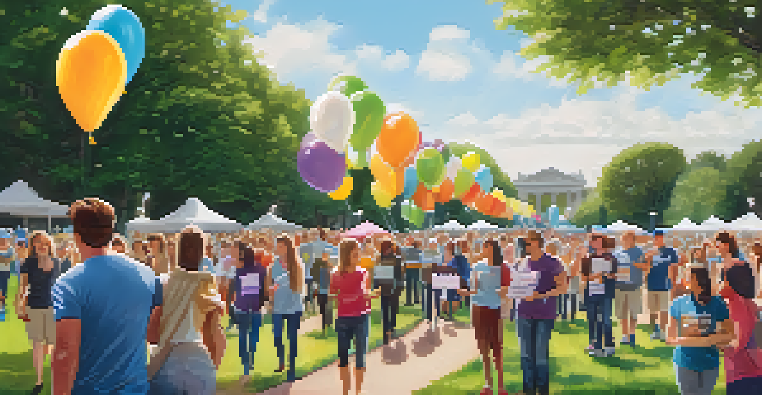 A woman holding a sign at a rare disease awareness event in a lively park filled with people and colorful decorations.